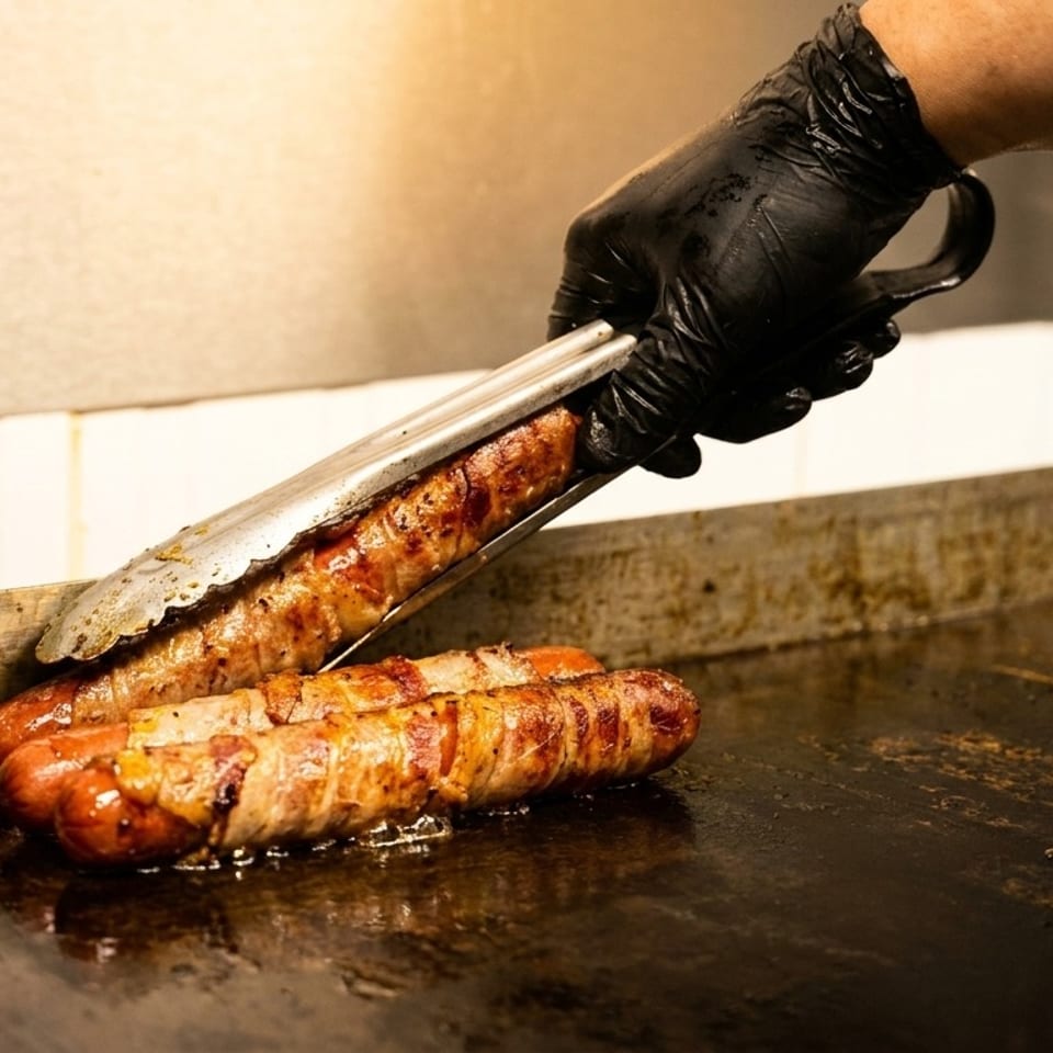 A gloved hand uses tongs to flip bacon-wrapped hot dogs cooking on a griddle.
