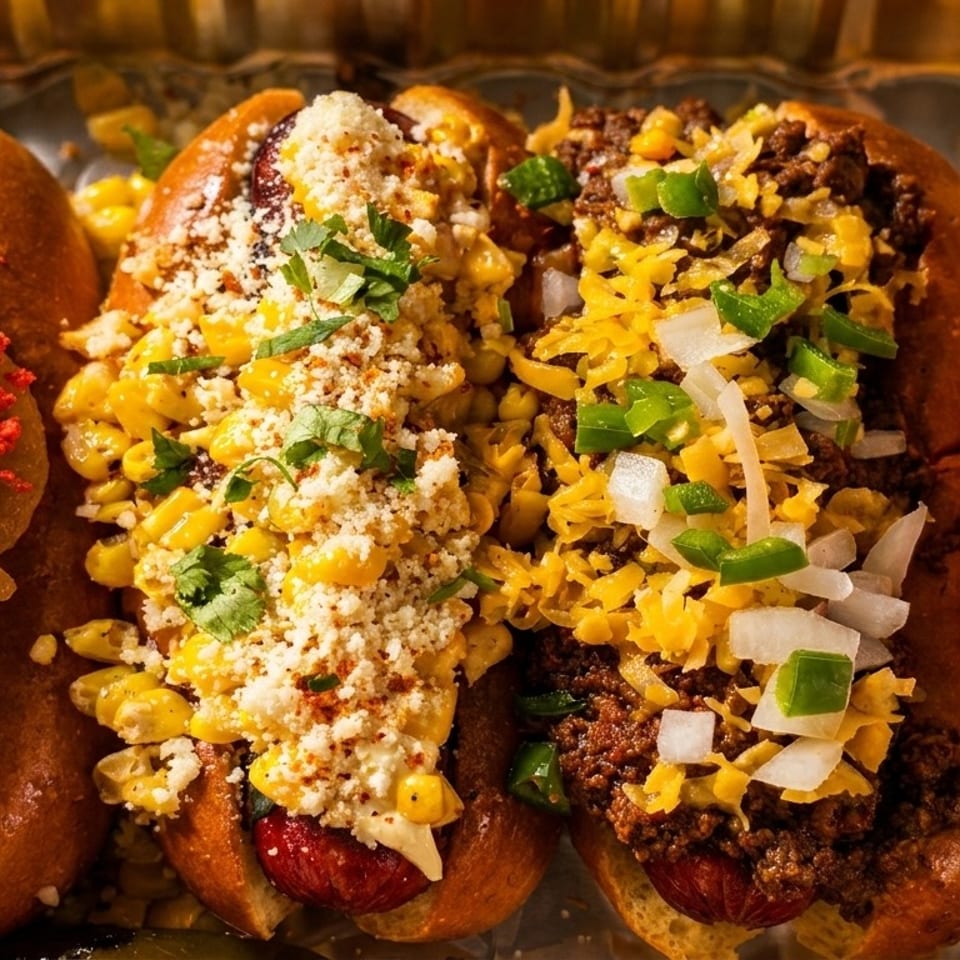 Four gourmet hot dogs with diverse toppings, including chili, cheese, corn, and spicy red crumbs.