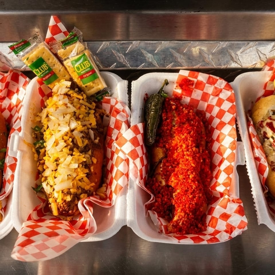 Four gourmet hot dogs with various toppings, including cheese, chili, and Flamin' Hot Cheetos.