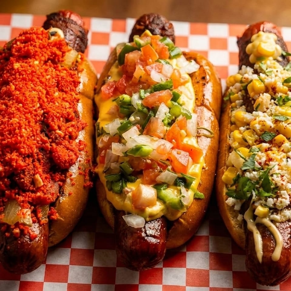 Three gourmet hot dogs with diverse toppings, including chili, pico de gallo, and elote, on checkered paper.