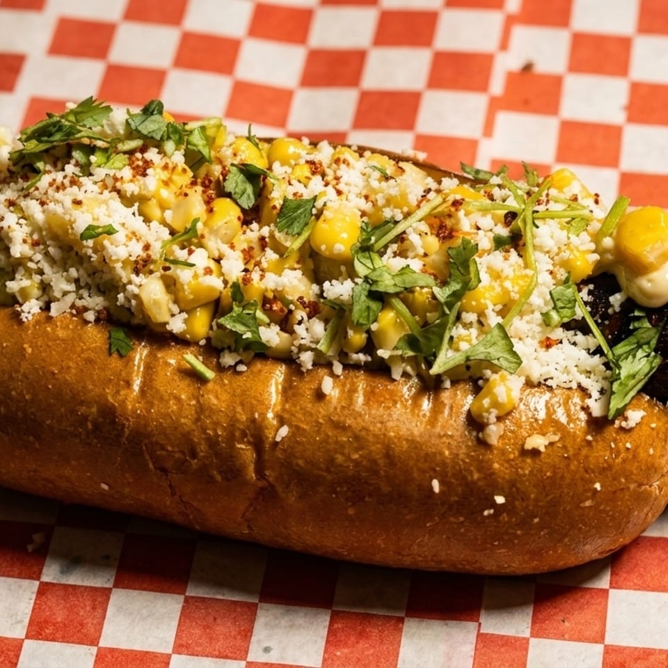 Gourmet hot dog topped with corn, crumbled cheese, cilantro, and sauce on red checkered paper.