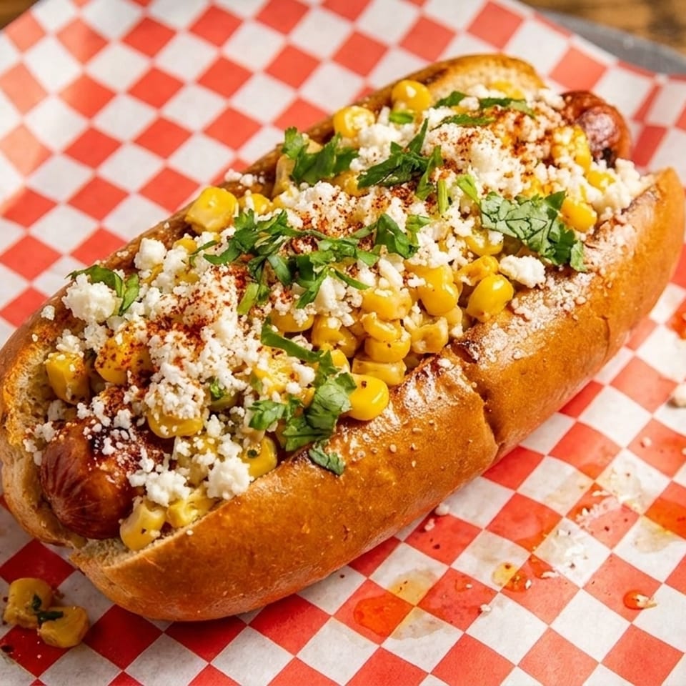 Elote hot dog with corn, cotija cheese, cilantro, and chili powder on red checkered paper.
