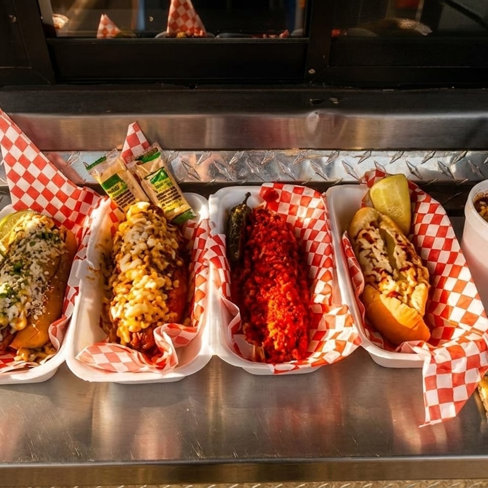 Four loaded hot dogs and two cups of corn, one with red seasoning, on a metal surface.