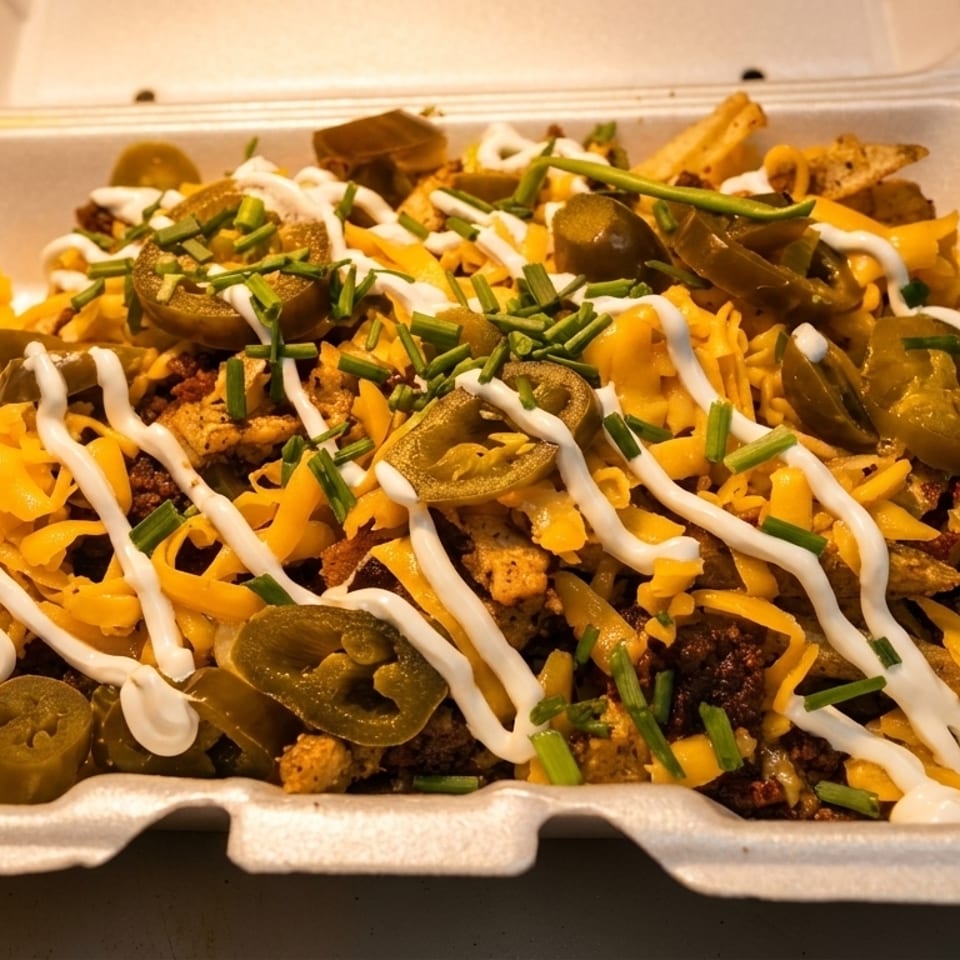 Loaded fries with shredded cheese, ground meat, jalapeños, sour cream, and chives in a takeout container.